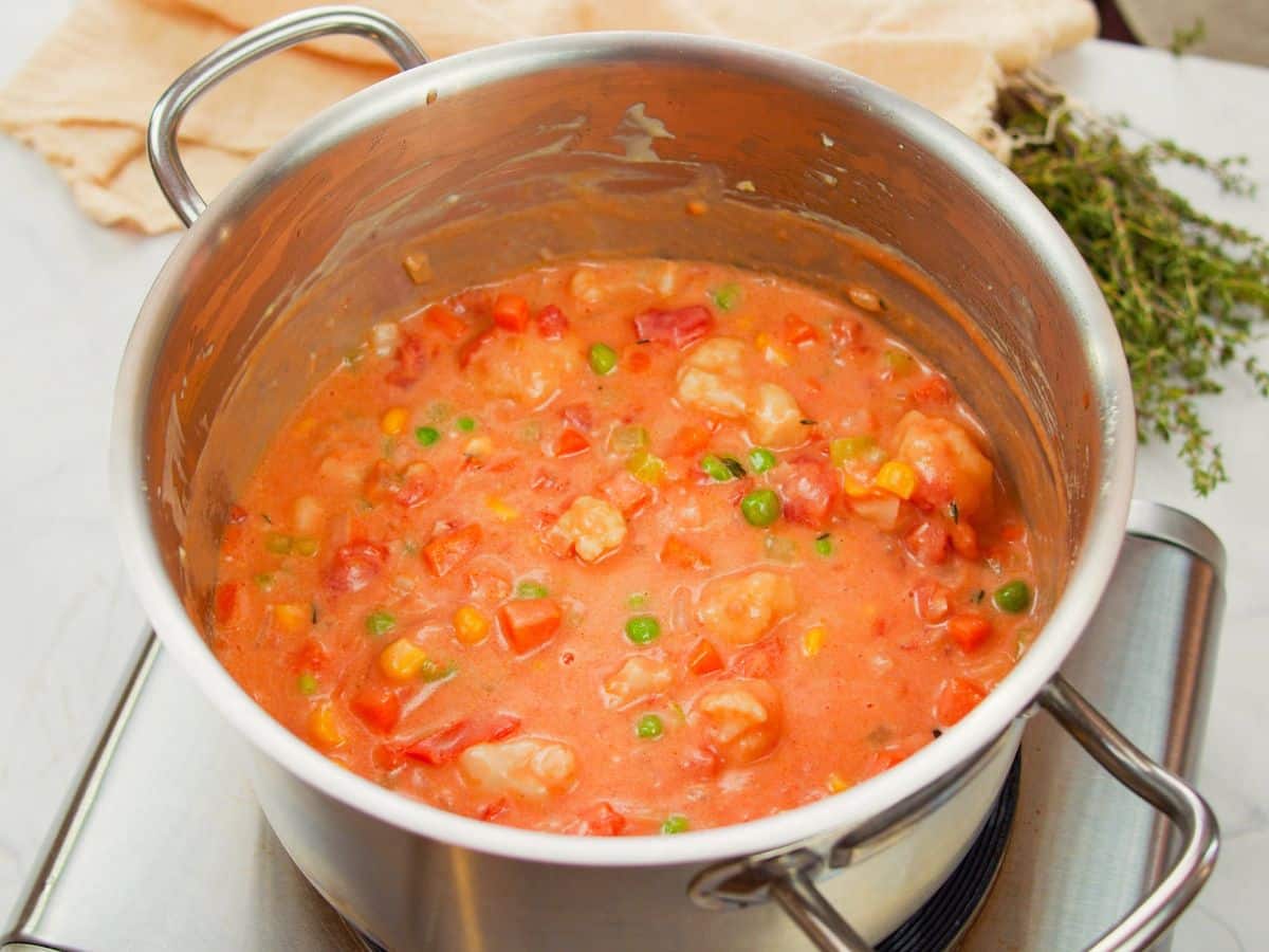 soup in stockpot on hot plate