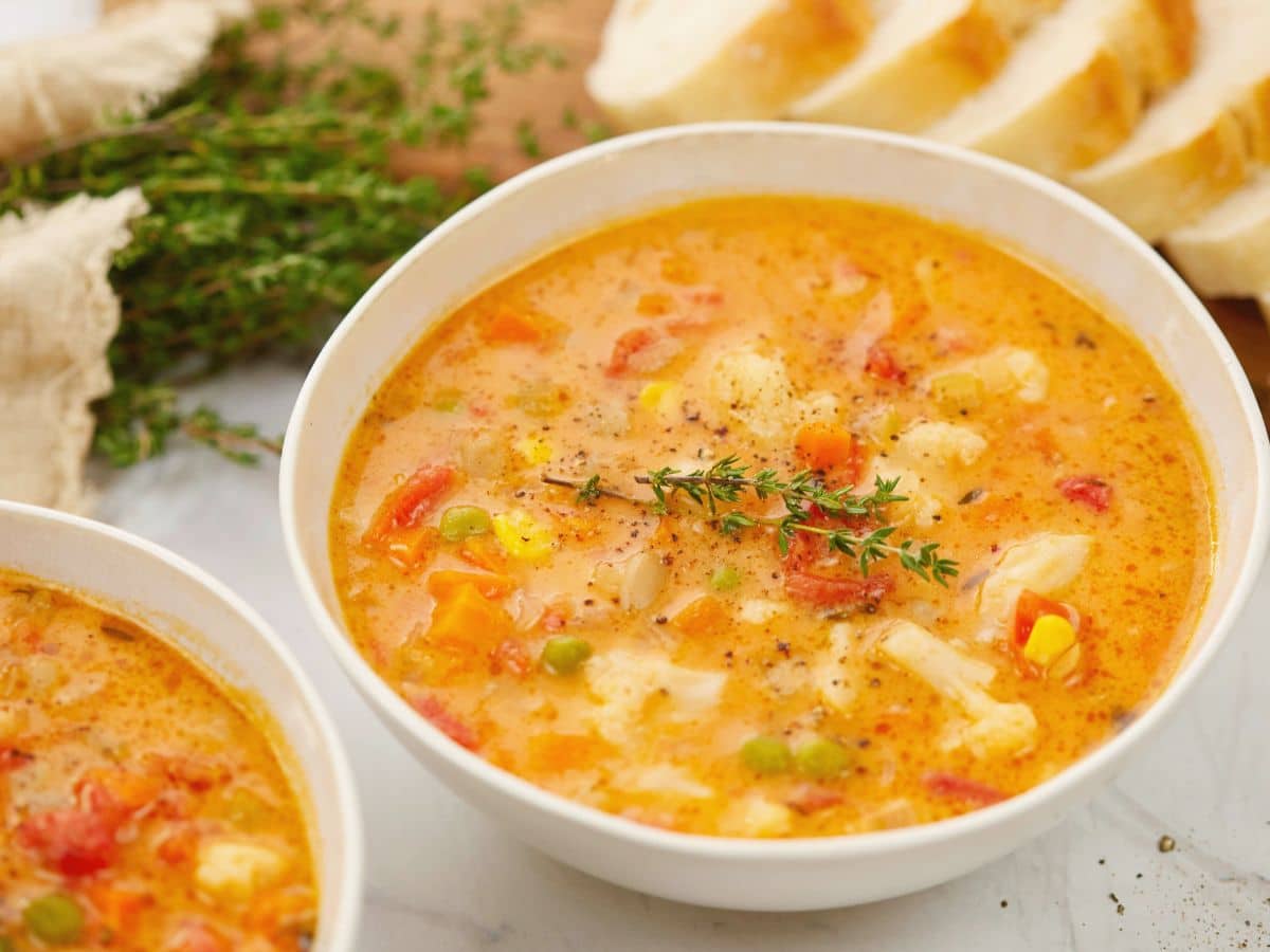 veggie soup in white bowl topped by fresh herbs