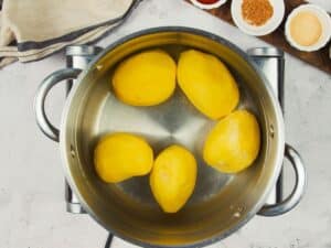 peeled potatoes in stockpot on hot plate