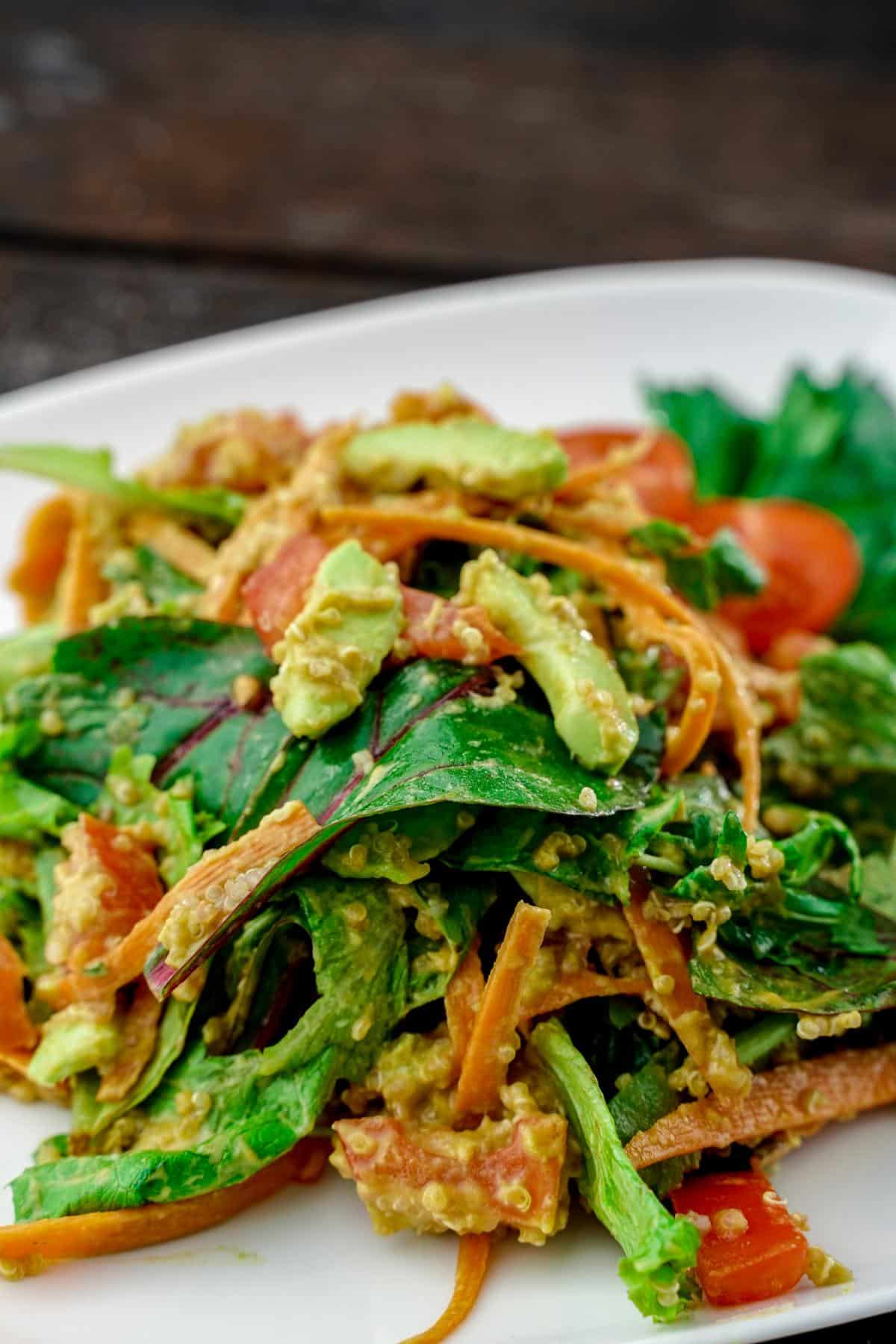 white plate of avocado quinoa salad