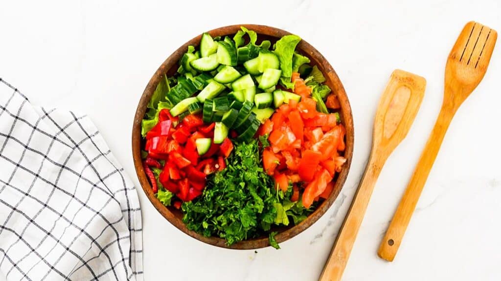 top of salad with veggies in wooden bowl