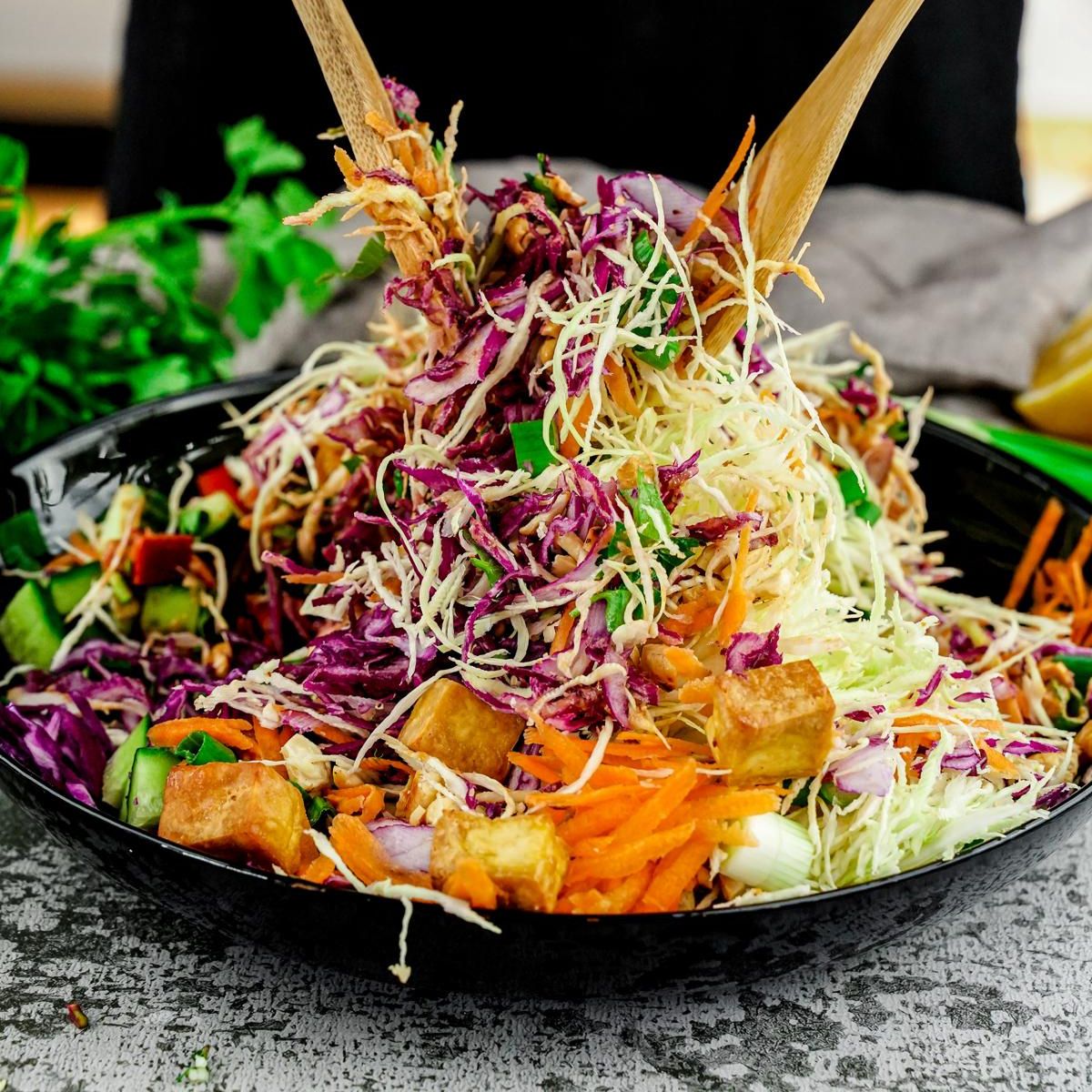 Chopped Salad with Sriracha Tofu & Peanut Dressing