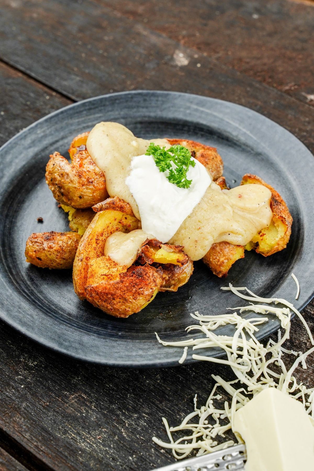 round black plate of potatoes with vegan cheese sauce on top