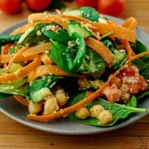 gray plate of rainbow salad with sliced carrots