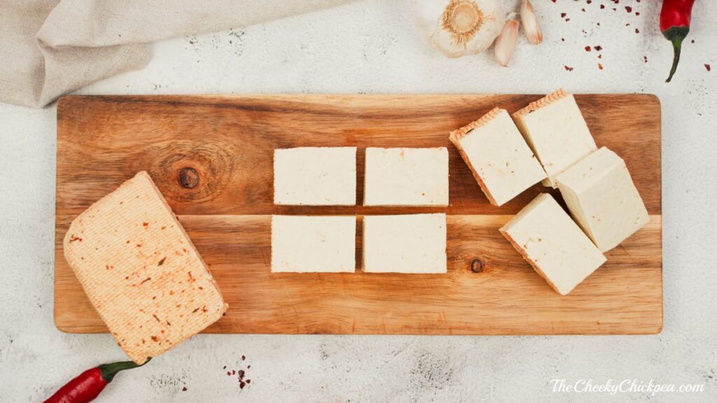 tofu slices on cutting board