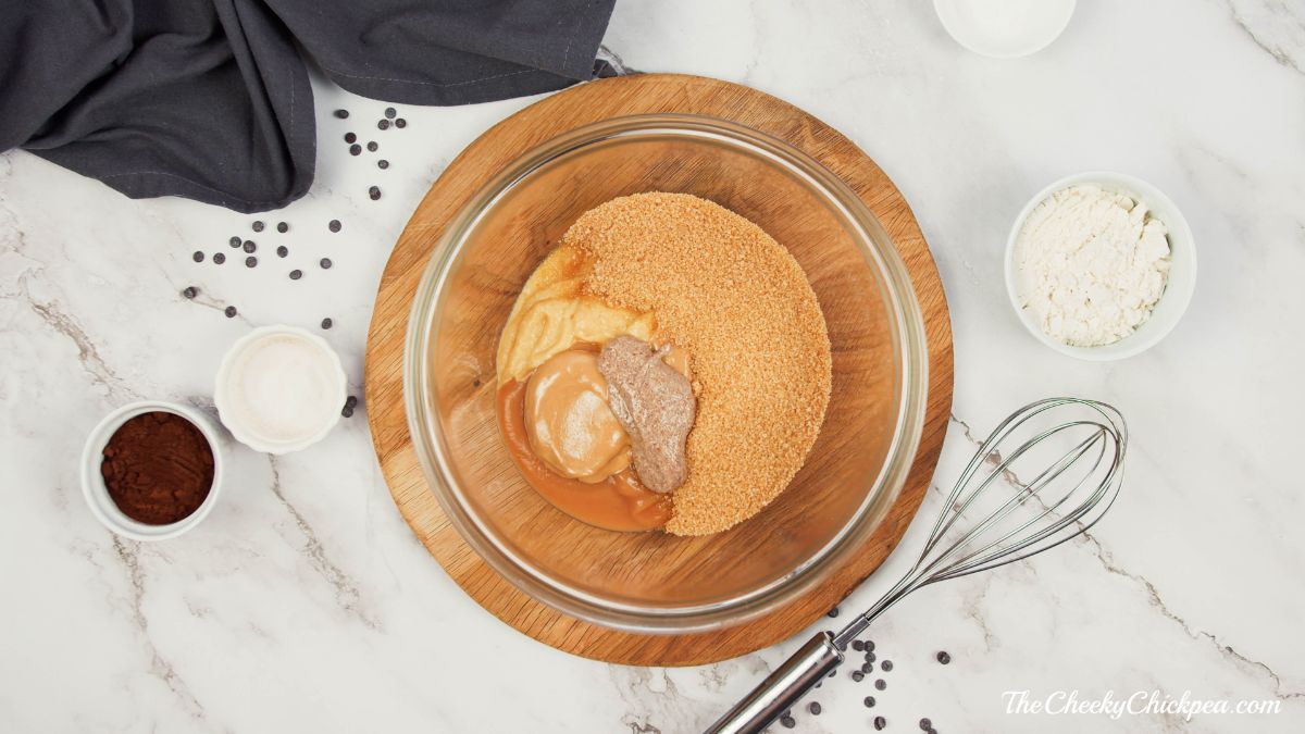 glass bowl of sugars and flax egg