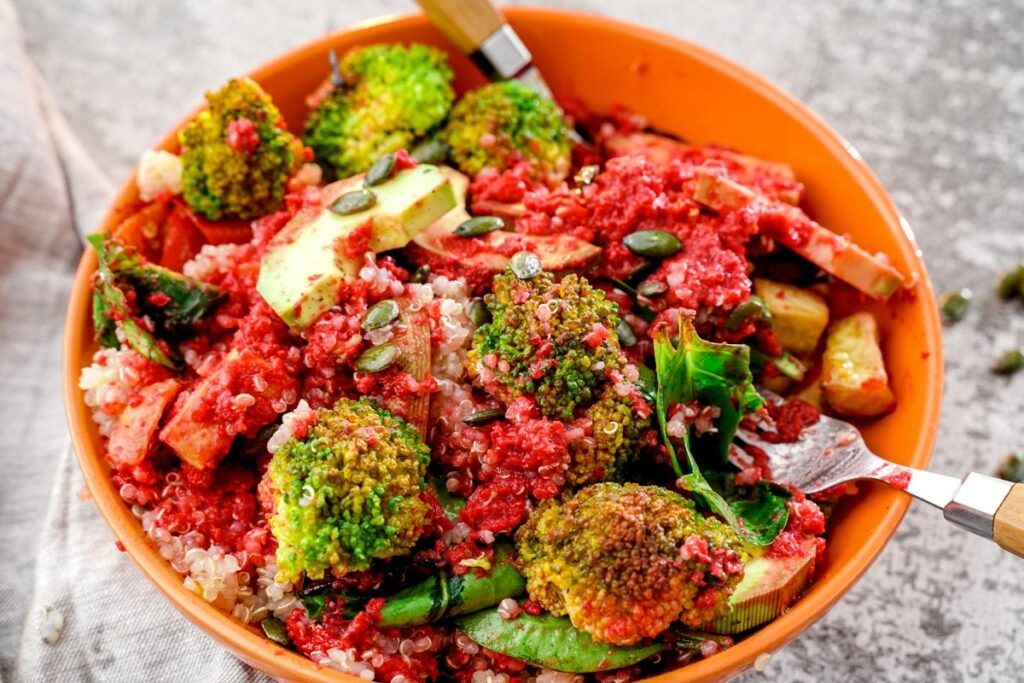 Tofu Quinoa Salad with Beet Hummus The Cheeky Chickpea