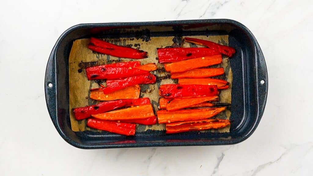red pepper strips roasted in pan
