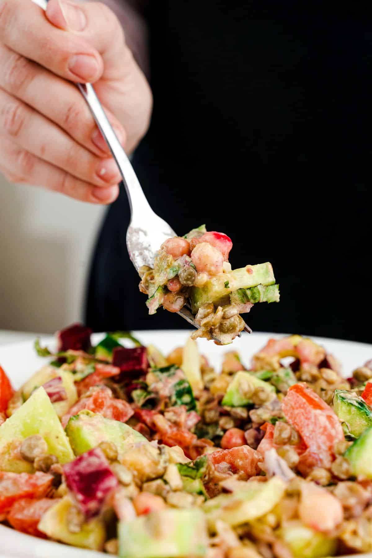fork of beet and lentil salad held above white bowl