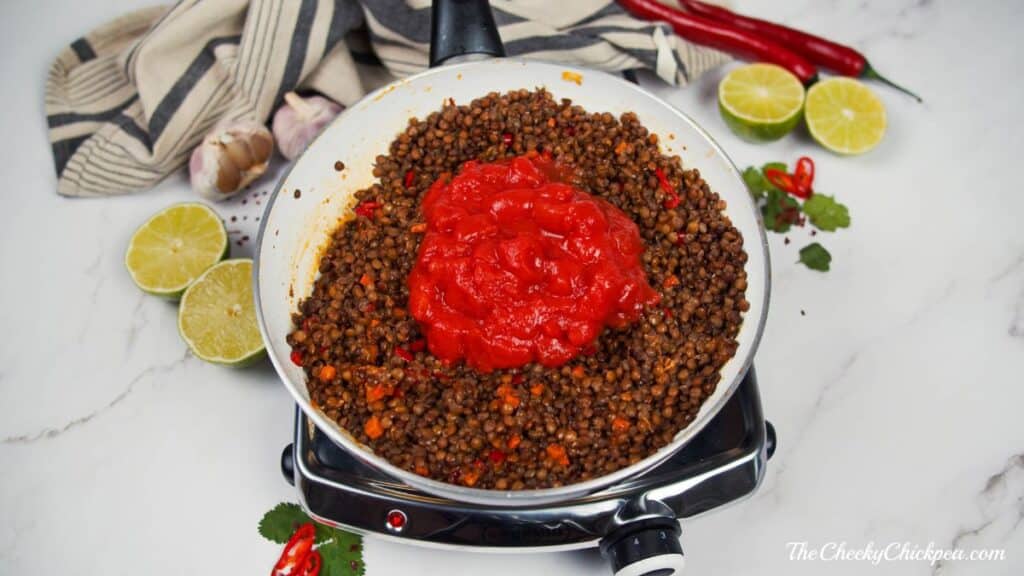 lentils and tomatoes in saucepan