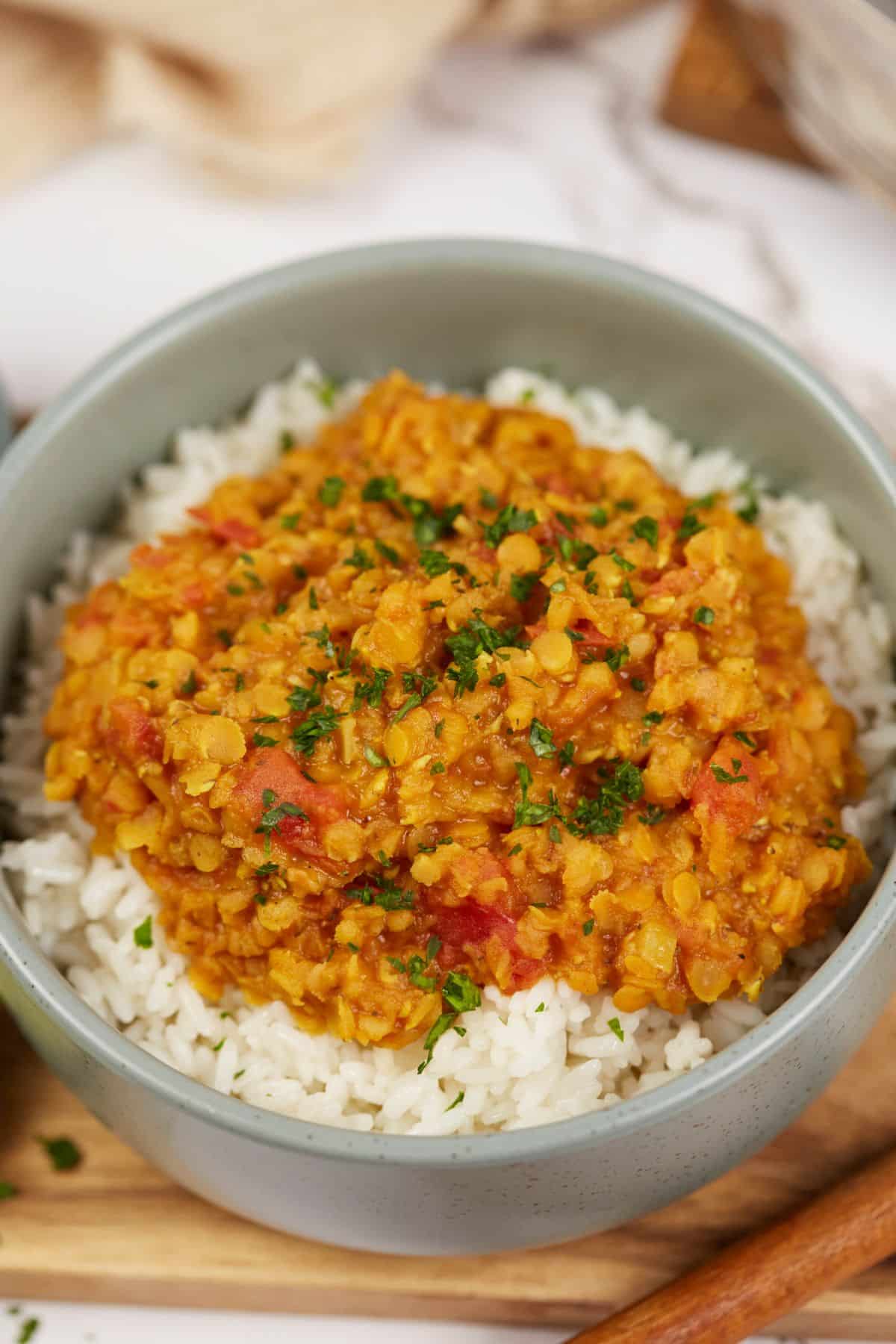 red lentil dahl topped with fresh cilantro on a bed of rice in blue gray bowl