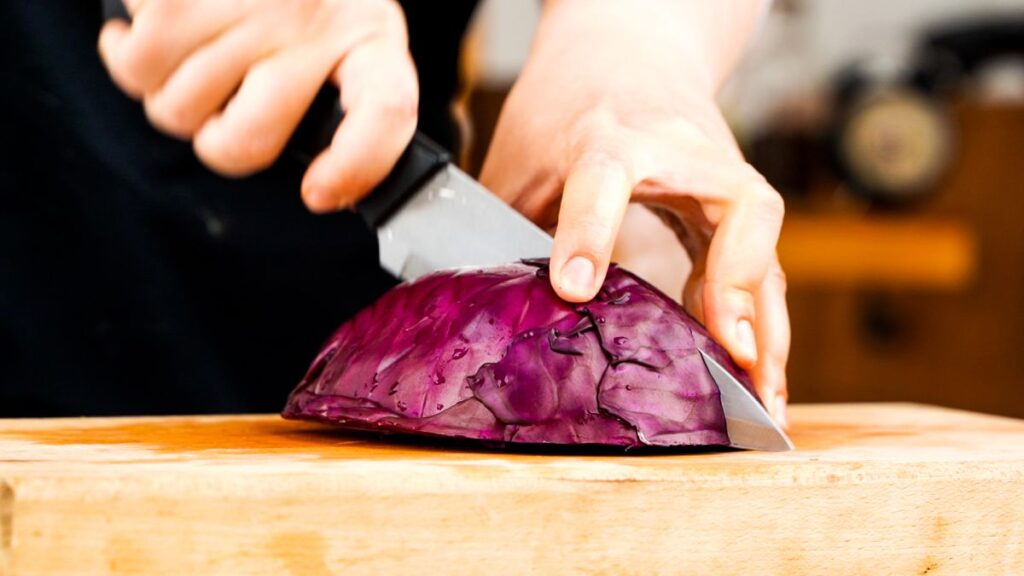 red cabbage being sliced