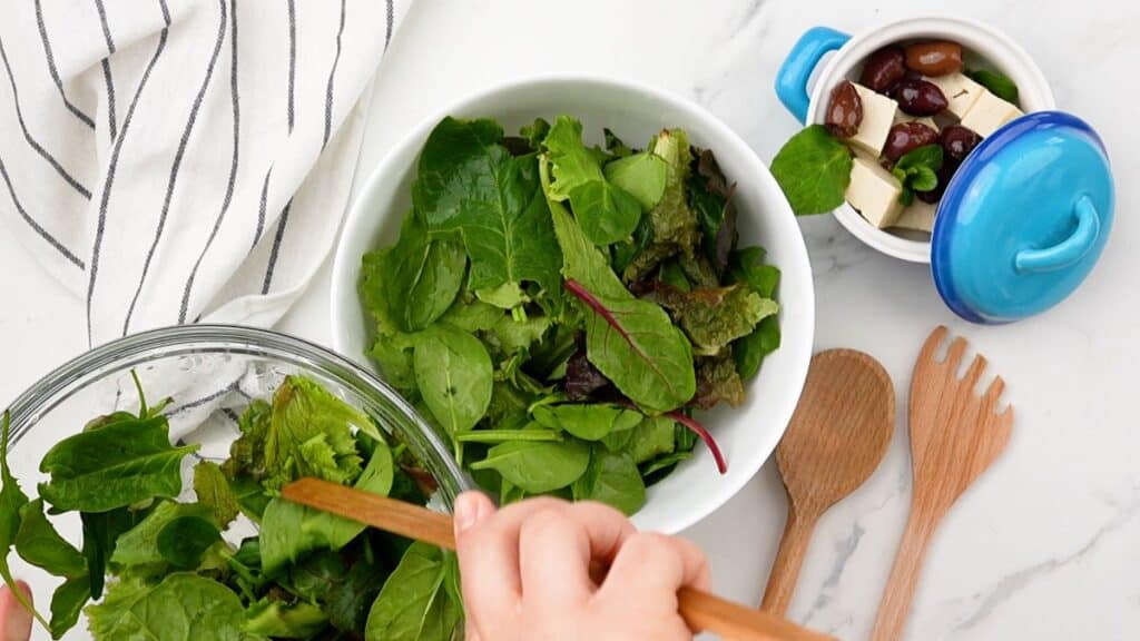 large white bowl of mixed greens